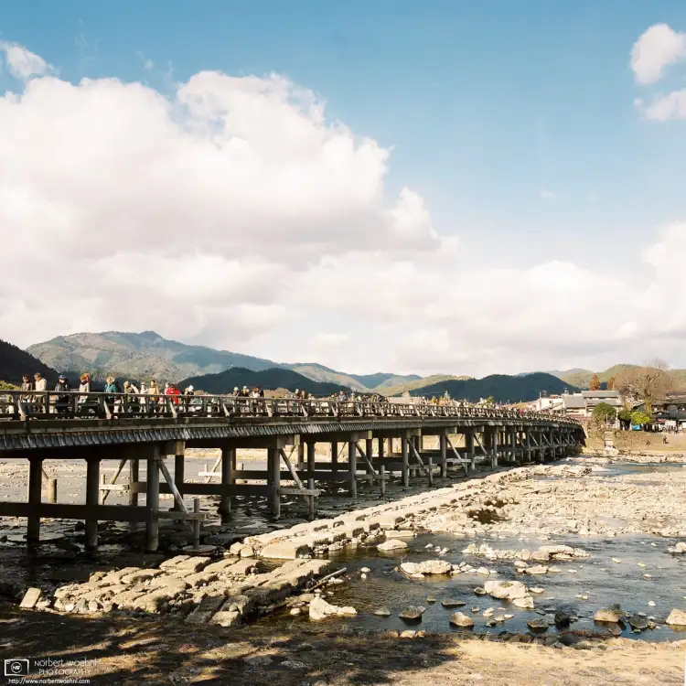 A view of Togetsukyo (Moon Crossing Bridge) in Arashiyama on the western outskirts of Kyoto, Japan.