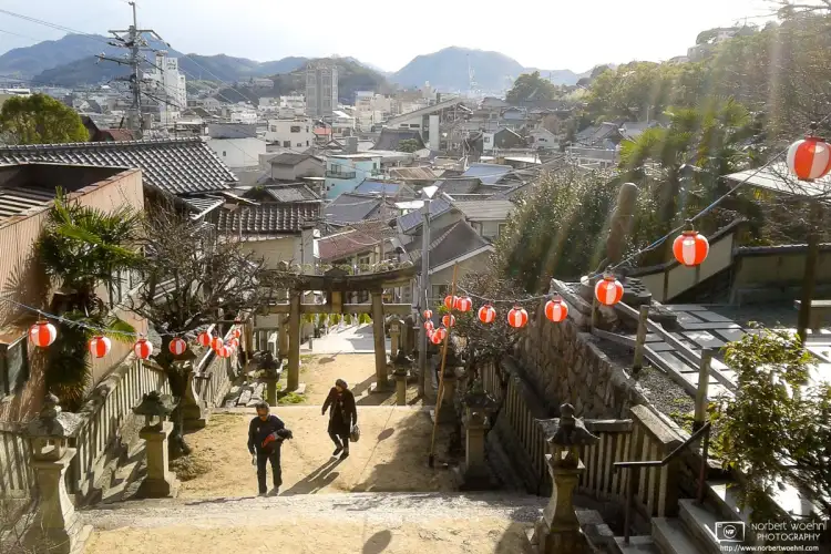 A view of Onomichi in eastern Hiroshima, Japan, while climbing the steep slope leading to Misode Tenmangu Shrine.