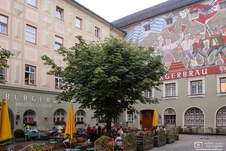 A view of Bürgerbräu in Bad Reichenhall, Germany. The adjacent brewery has been in operation for many hundred years.