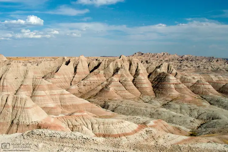 Pinnacles Overlook along the Loop Road in Badlands National Park, South Dakota, affords this view of wildly eroded buttes and pinnacles.