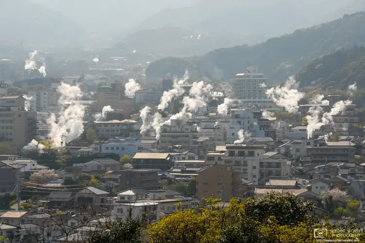 A view of the Hells of Beppu, seven natural hot springs spread right across the city of Beppu in Oita Prefecture, Japan.