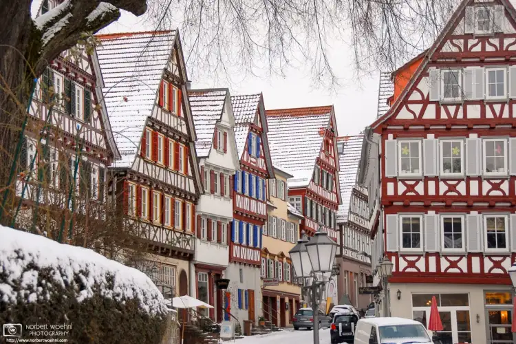 A winter view of half-timbered houses along Marktplatz (Market Square) in Calw, Germany.