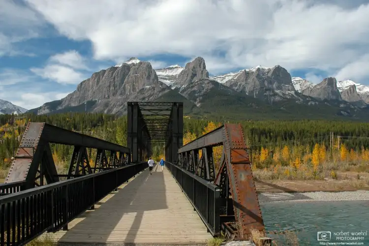 The Canmore Engine Bridge spans the Bow River in Canmore, Alberta, near the southwest boundary of Banff National Park.