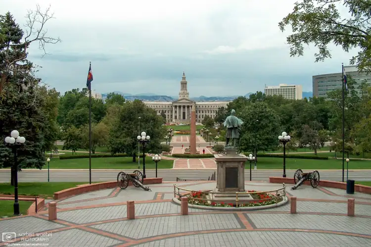 A view from the 15th step on the west side of the Colorado State Capitol Building in Denver.