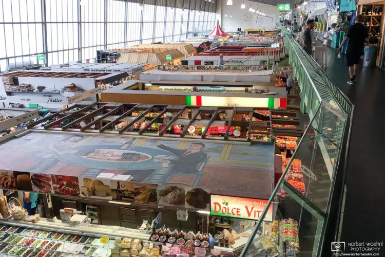 An interior view of Kleinmarkthalle, a 1,500-sq/m indoor market hall in Frankfurt am Main, Germany.