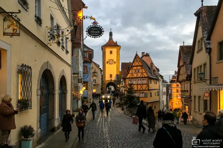 Evening Mood around the Plönlein on a winter day in Rothenburg ob der Tauber, Bavaria, Germany.