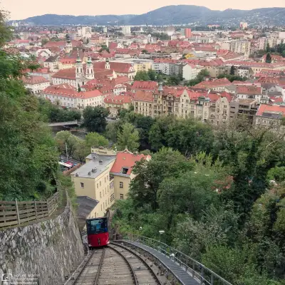 The Schlossberg Funicular (Schlossbergbahn in German) ascends to the top of Schlossberg Hill in Graz, Austria.