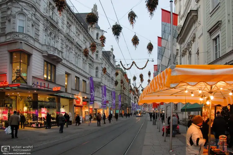Not your usual Christmas decorations on Herrengasse, the main boulevard traversing the historic city center of Graz, Austria.