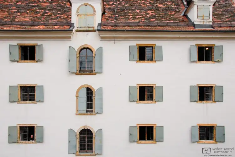 A view of the windows on the backside of the Styrian Armory in Graz, Austria, built between 1642 and 1647.