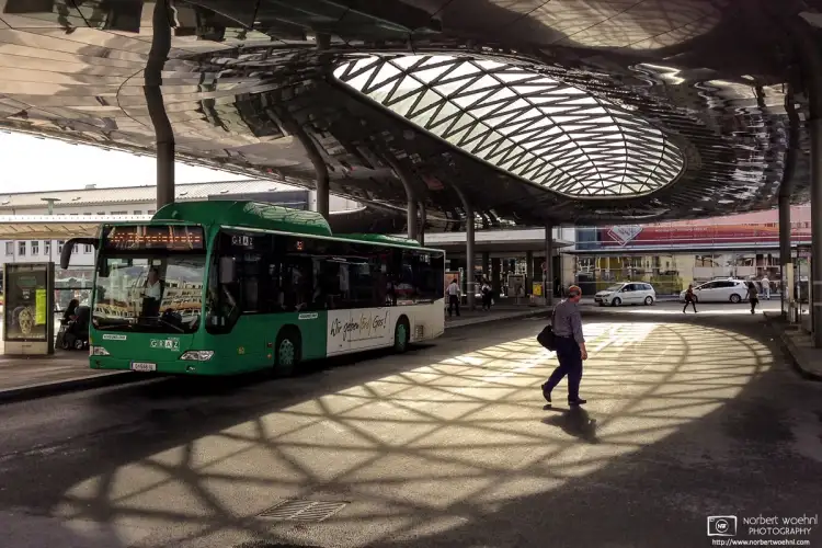 A play of patterns, created by the sunlight falling through the roof at the bus terminal outside the main train station of Graz, Austria.