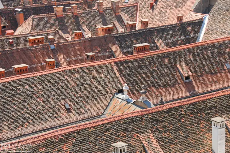 A view across old rooftops in the historic city center of Graz, Austria, a UNESCO World Heritage site since December 1999.