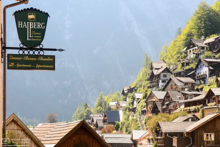 A view of the unique architecture of traditional hillside houses in the town of Hallstatt in Upper Austria.