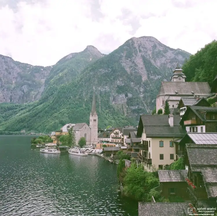 A view of Hallstatt in Upper Austria, as seen from the famous vantage point (Aussichtspunkt in German) north of the village center.