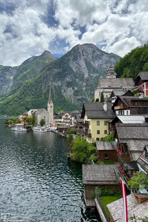 A view of Hallstatt in Upper Austria, as seen from the famous vantage point (Aussichtspunkt) north of the city center.