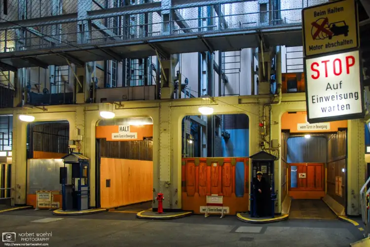 A view of the automobile lifts inside the St. Pauli Elbe Tunnel in Hamburg, Germany.