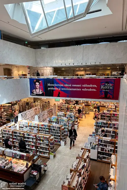 Interior photo of Akateeminen Kirjakauppa, the Academic Bookstore in Helsinki, Finland. The building was designed by renowned Finnish architect Alvar Aalto.