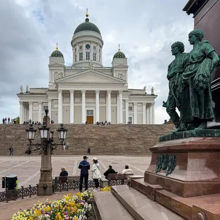 A view towards Helsinki Cathedral (Helsingin tuomiokirkko) as seen from the pedestal of the Alexander II. statue on Senate Square.