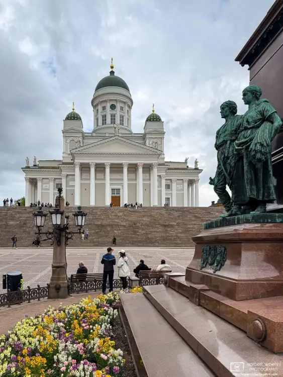 A view towards Helsinki Cathedral (Helsingin tuomiokirkko) as seen from the pedestal of the Alexander II. statue on Senate Square.