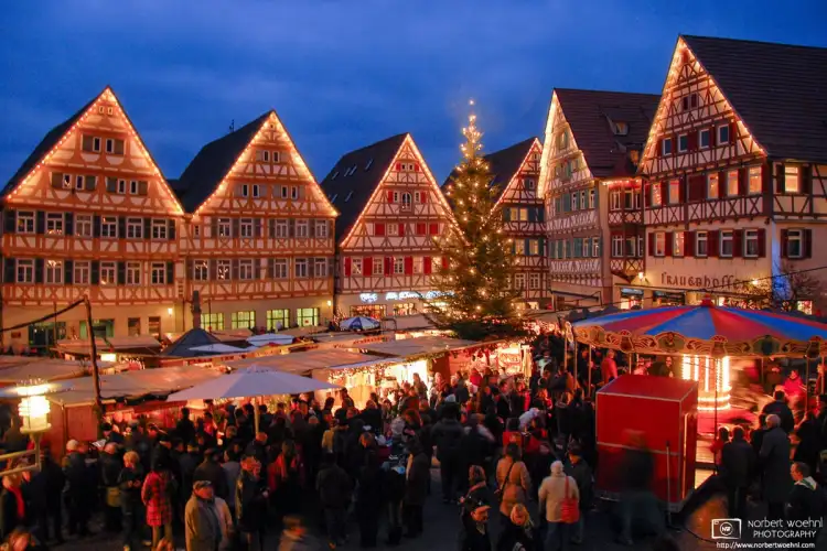 A scene from the Christmas Market on the beautiful historic Marktplatz (Market Square) in the southwest-German town of Herrenberg.