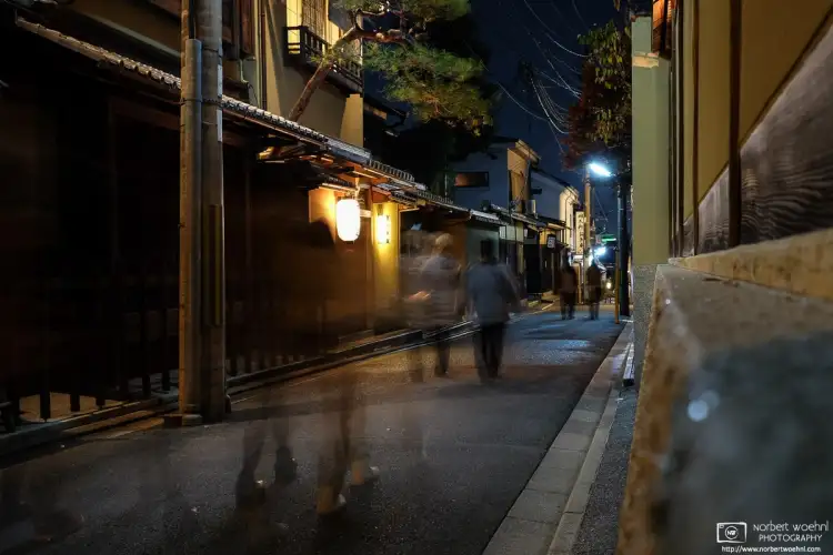 On an evening walk in the Higashiyama area of Kyoto, Japan, I took this photo of a typical street in the area by steadying the camera on a wall.