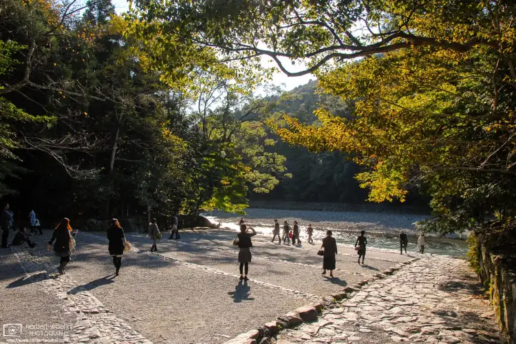 At the Inner Shrine (Naiku) of Ise Grand Shrine (Ise Jingu) in Mie Prefecture, Japan, this is an Ablution Site (Mitarashi) along the Isuzugawa River.
