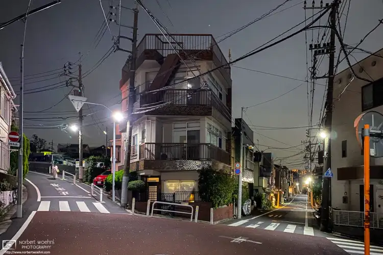 Passing a Y-shaped crossing on an evening walk around a residential area in the Itabashi Ward of Tokyo, Japan.