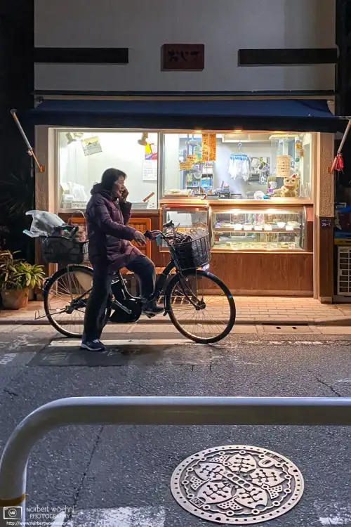 A woman is seen making a phone call in front of an old-style neighborhood shop in the Maenocho area of Itabashi Ward in Tokyo, Japan.