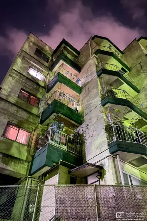 Nighttime view of an apartment building near Mitsugi Park in the Itabashi Ward of Tokyo, Japan.