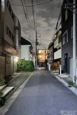 Night photo from a quiet backstreet in the Azusawa district of Itabashi Ward of Tokyo, Japan.