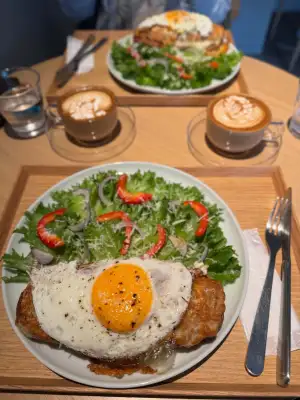 Croque Madame and Caffe Latte for lunch at Sols Coffee Apartment in the Itabashi Ward of Tokyo, Japan.