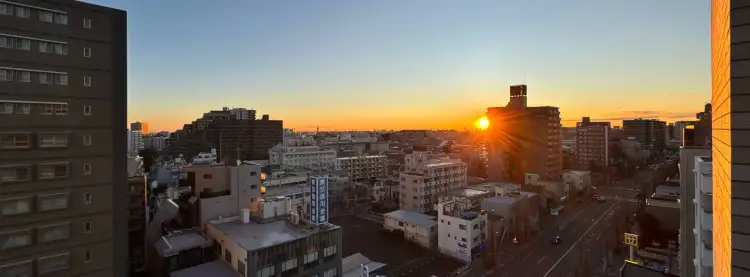On a clear and crisp January morning, the sun is rising over a suburban scenery in the Itabashi Ward of Tokyo, Japan.