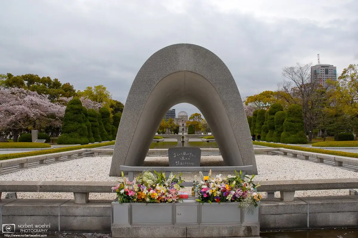 Memorial cenotaph at Hiroshima Peace Memorial Park in Hiroshima, Japan.
