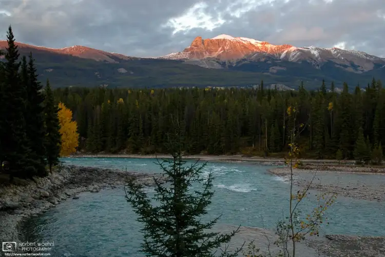 The last beams of sunlight are hitting the western side of Mount Tekarra along the Athabasca River in Jasper National Park, Alberta, Canada.