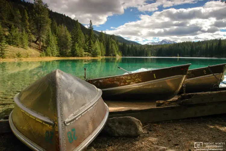 A calm day at the boat rental pier in the Valley of the Five Lakes in Jasper National Park, Alberta, Canada.