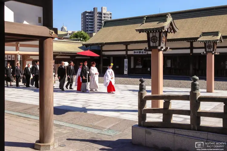 During a visit to Terukuni Jinja in Kagoshima, Japan, I saw a wedding procession enter the shrine premises, and make their way towards the main hall.