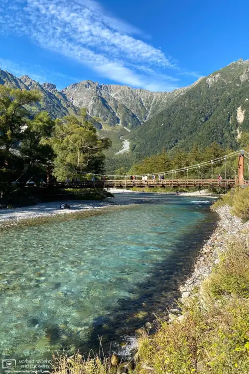 Kappa Bridge is crossing the Azusa River at Kamikōchi, a mountainous highland valley in the western part of Nagano Prefecture, Japan.