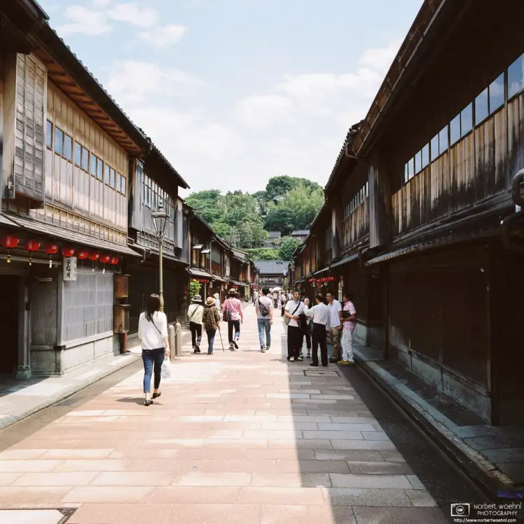 A view along the Central Street of the historic Higashi Chayagai District in Kanazawa, Japan. The area is home to many old shops and teahouses.