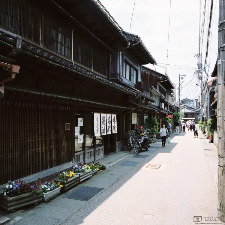 The Higashi Chayagai District of Kanazawa, Japan, is a beautiful area to take a walk amidst well-preserved historic two-story buildings.