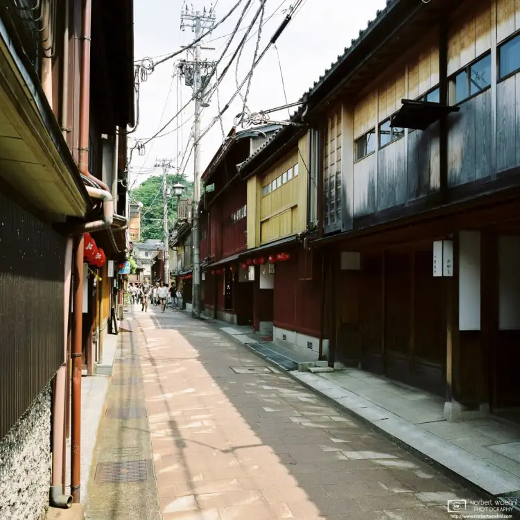 A view down a side street in the historic Higashi Chayagai District in Kanazawa, Japan.