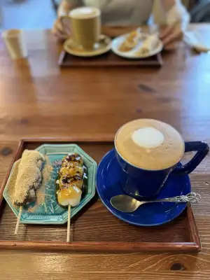 Two types of Dango and Caffe Latte at Uno Cafe outside Katori Shrine in Katori, Chiba Prefecture, Japan.