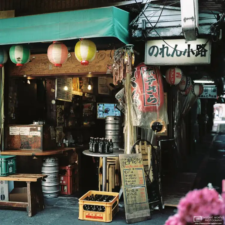 Harmonica Yokochō, located to the north of Kichijōji station in Tokyo, Japan, used to be a flea market in the post-WWII years. Nowadays, it is a fascinating stretch of tiny shops, bars and eateries, including this miniscule corner pub.