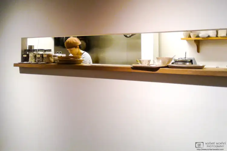 A view into the kitchen of the Hara Donuts Café at Motomachi, Kobe, Japan.