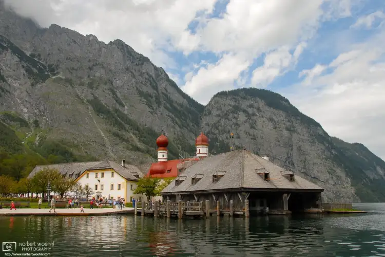 A view of St. Bartholomew’s Church (St. Bartholomä) on the western shore of Königssee Lake in Bavaria, Germany.