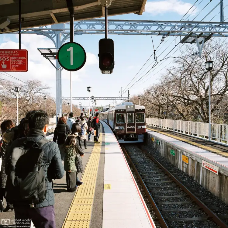 A Hankyu Arashiyama Line train arrives at Arashiyama Station in Kyoto, Japan.