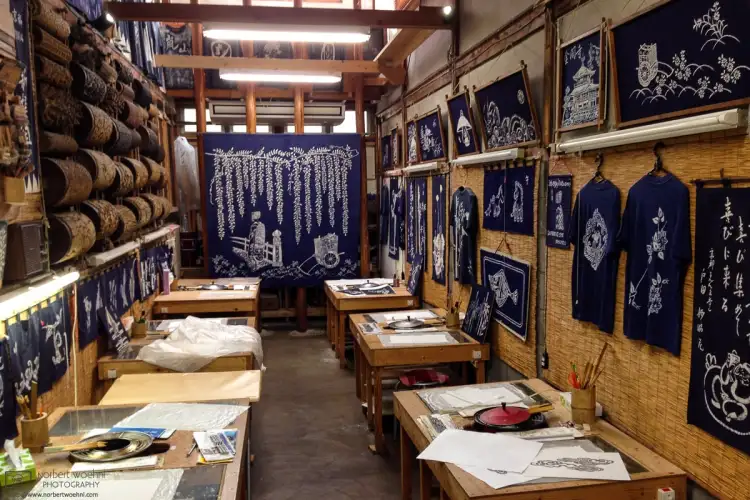 Interior of a Dyeing Shop in Kyoto, Japan. In less than three hours, visitors can create their own indigo-colored T-shirt, towel or decorative item.