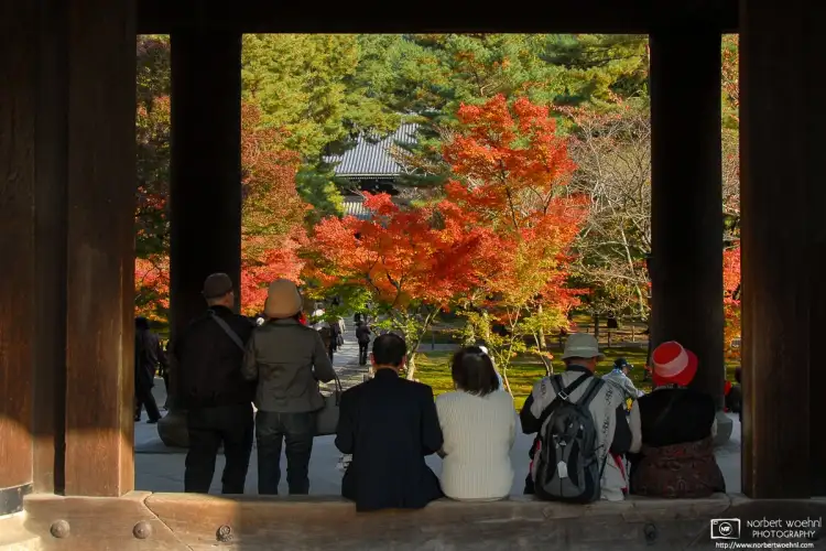 At Nanzenji Temple in Kyoto, Japan, visitors are enjoying autumn colors while sitting in the doorframe of the Sanmon Gate.
