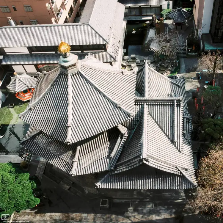 An aerial view of Rokkaku-dō in Kyoto, Japan. The temple, whose name refers to the hexagonal shape of its Main Hall, is famous as the birthplace of Ikebana (flower arrangement).