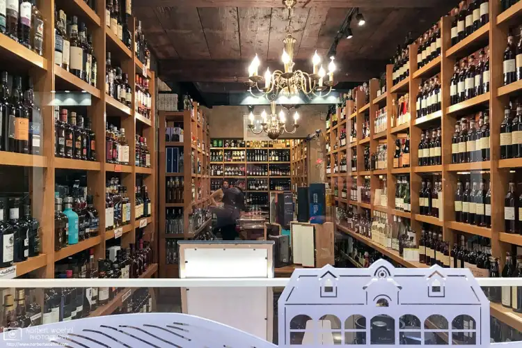View into a wine store located in Vieux Lyon, the historic city center of Lyon, France.