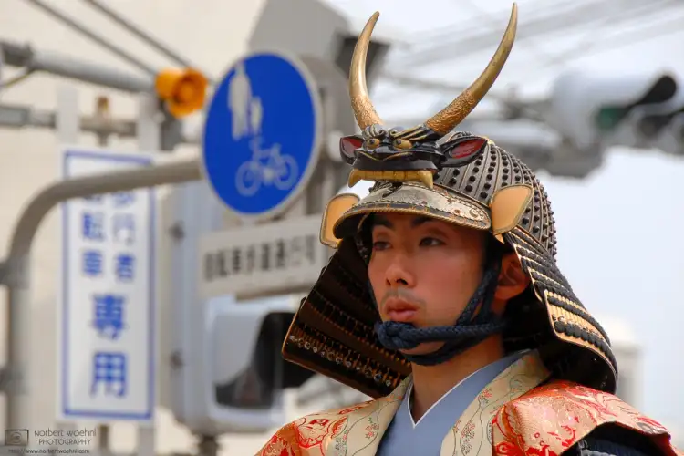 A participant is seen wearing a period costume at the annual Musha Gyoretsu Warrior Parade in Matsue, Shimane Prefecture, Japan.
