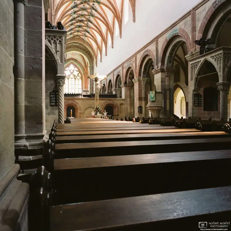 An interior perspective shot of the Abbey Church at Maulbronn Monastery, a UNESCO World Heritage site in Southwestern Germany.